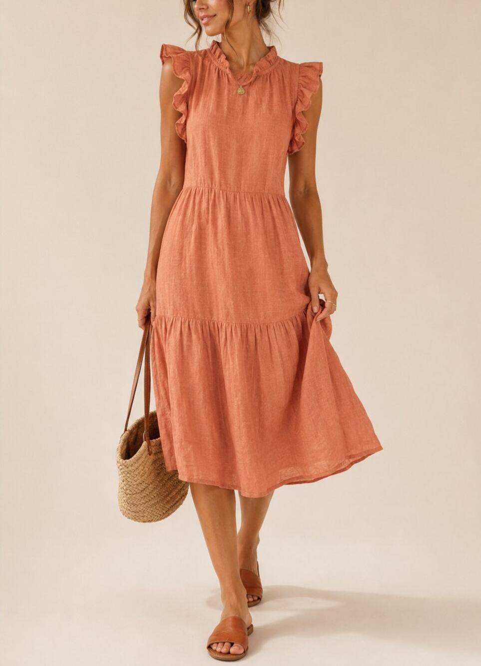 Listicle Tiered Ruffle Dress Size Medium Peach Coastal Cottage Romantic Boho